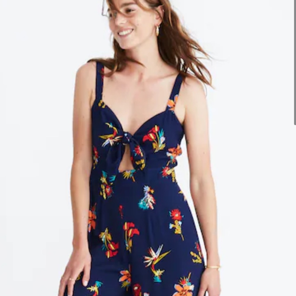 Madewell Midnight Blue Bird of Paradise Jumpsuit with tie front